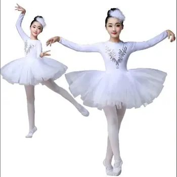 Felnőtt Lány Balett Tütü Tüll Ruha, Fehér, Hosszú Ujjú Balerina Teljesítmény Dressz Dancewea Cygnet Géz Szoknya