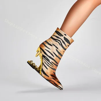 Fém, Fogászati Sarok Tigris Mintás Csizma Hegyes Talpig Selyem Furcsa Stílus Oldalán Cipzárral Női Divat Cipő 2023 Zapatos Para Mujere