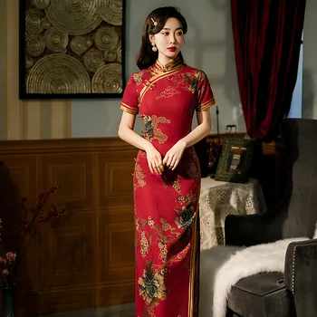 Keleti Menyasszony Szatén Mandarin Nyak Estélyi Ruha Nagy Méret 5XL Hosszú Ujjú Elegáns Női Nyomtatás Virág Esküvői Ruha Cheongsam