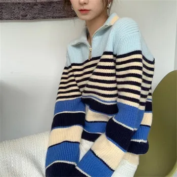 Édes Laza Koreai Kötöttáru Nők Harajuku Csíkos Y2k Pulóverek, Kontraszt, Szín, Kapcsolja Le A Gallér Cipzár Alkalmi Vintage Pullovers