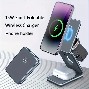 15W Mágneses Vezeték nélküli Töltő Állvány Telefon tulajdonosa Hordozható Összecsukható Gyorsan töltőállomás iPhone 15 12 13 14 Pro Max iWatch