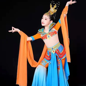 A lányok Dunhuang tánc teljesítmény jelmez etnikai gyermekek klasszikus tánc rebound lant teljesítmény jelmez