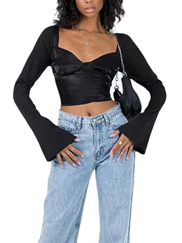 A nők s Alkalmi Csipke Patchwork Hosszú Ujjú T-shirt Vintage Slim Fit Maximum egy Tündér Grunge Megjelenés