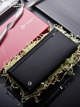 Eredeti Goldlion Luxus Designer Férfi pénztárca Hosszú bőr divat üzleti függőleges tárca Ultra-vékony, új marhabőr pénztárca