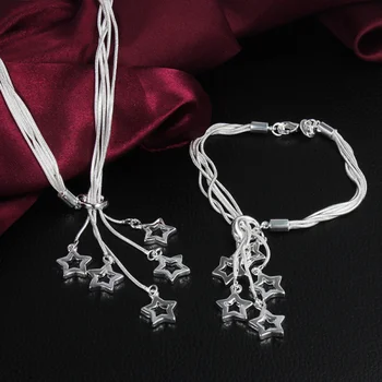 Forró klasszikus 925 Sterling Ezüst jól csillag nyaklánc, karkötő női Ékszer szett elegáns Party esküvői hölgy Karácsonyi ajándékok