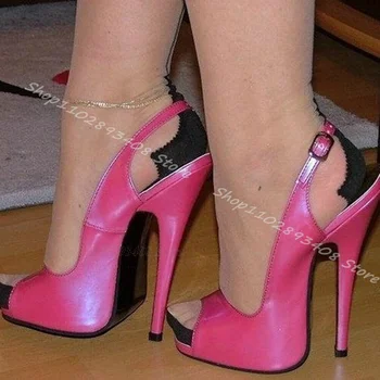 Rose Red Peep Toe Stiletto Szandál Szabadalmi Bőr Boka Csat Magas Sarkú Nyári Party Ruha Női Cipő 2024 Zapatos Para Mujere