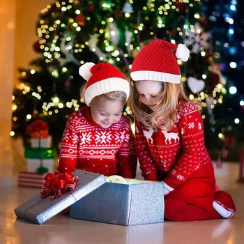 Szülő-Gyermek Karácsony Karácsonyi Puha Kalap Mikulás Piros Rövid Plüss Kötött Sapka Boldog Karácsonyi Dekoráció Meleg Ajándék Boldog Új Évet