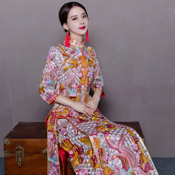 Új, Keleti, Kínai, Hagyományos Esküvői Ruha Nők Phoenix Hímzés Cheongsam Piros Selyem Qipao Menyasszony Hagyományok Köntös Chinoise